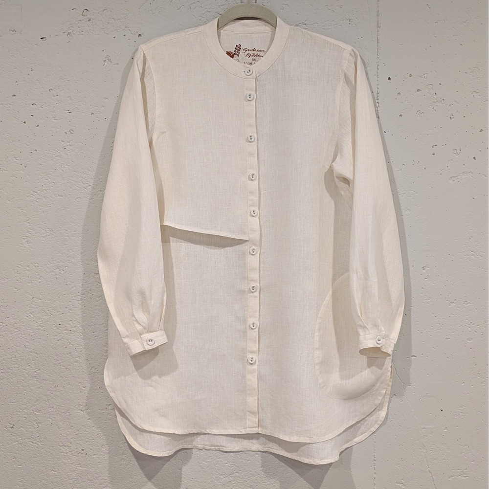 Gudrun Sjoden Tunic Size M Linen Butter Yellow Lagenlook Boxy Button Up Shirt